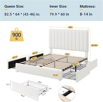 Allewie Queen Size Storage Bed Frame, Vertical Channel Tufted Adjustable Headboard, Velvet Upholstered Platform Bed with 4 Oversized Underbed Drawers, Wooden Slats Support, No Box Spring Needed, White