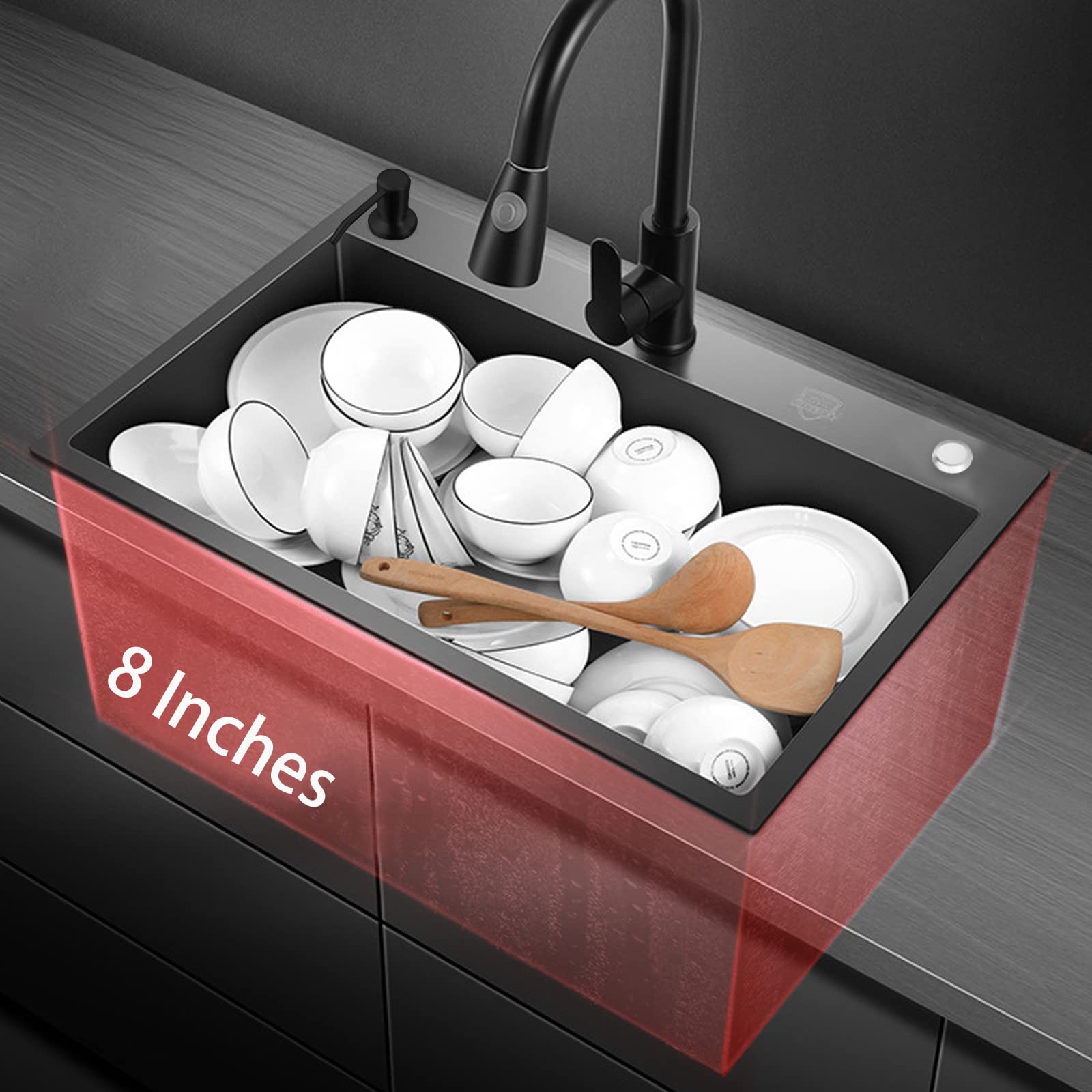 Fregadero Cocina 1 Seno Acero Inoxidable con Grifo Extraíble, Dispensador Jabón, Purificador Agua, Negro Gris 24x17.7 in