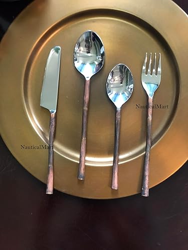 Miniatura 5 de NauticalMart Juego de cubiertos de acero inoxidable, tenedor, cuchara, cuchillo, utensilios para uso diario y fiesta, estilo medieval, cobre,