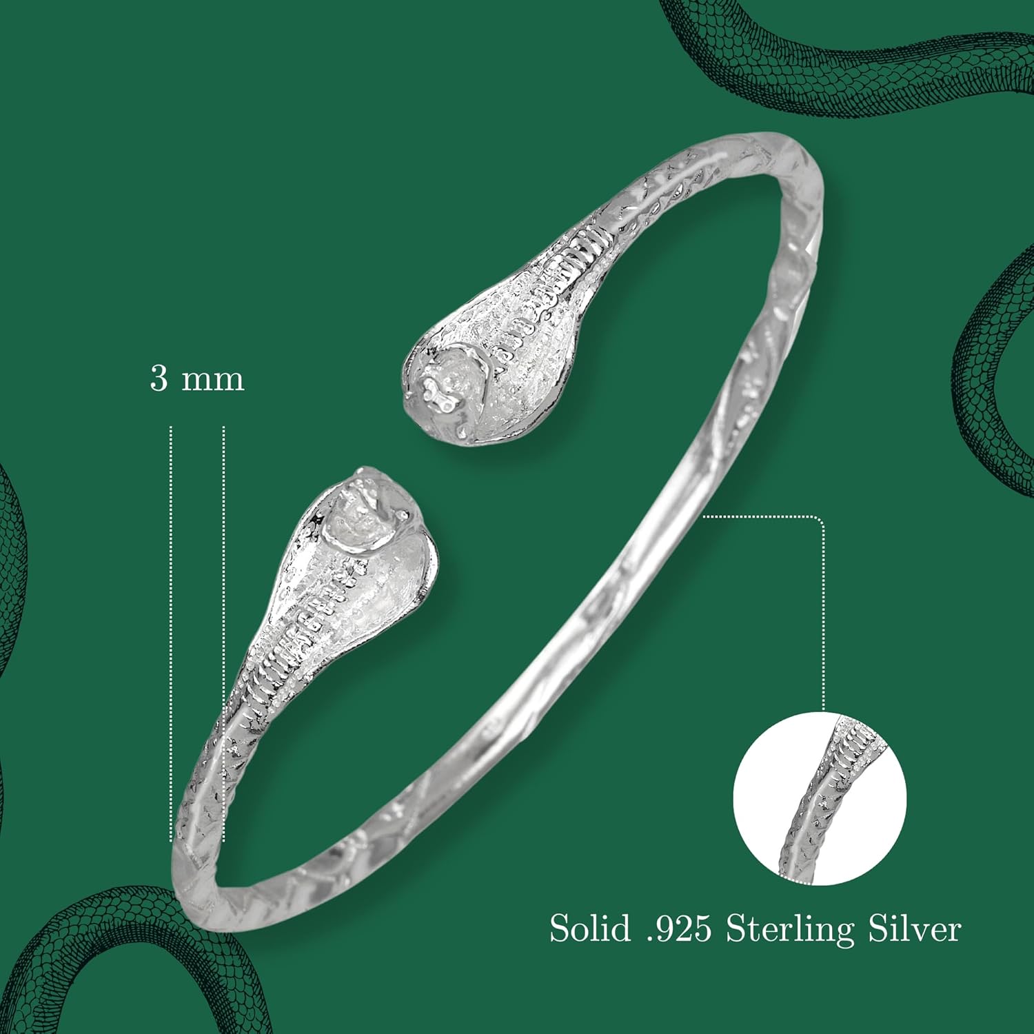 Better Jewelry, Cobra Heads .925 Sterling Silver West Indian Bangle, Serpents Cuff, Snake Bracelet, Snake Cuff Bracelet, 1 piece
