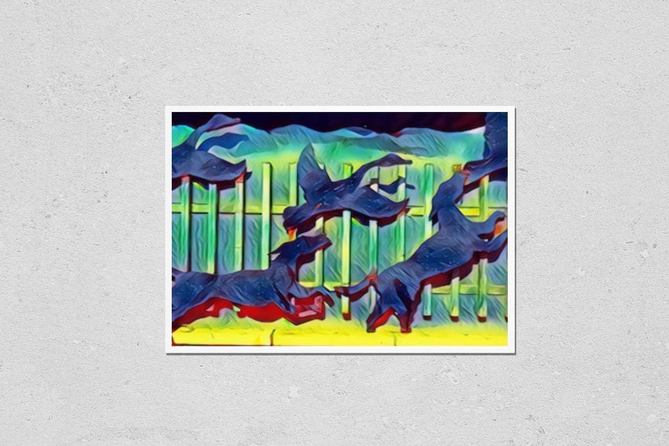 Metal Fence Houses Art Poster with Hunting Dogs Swans in Black and Gray