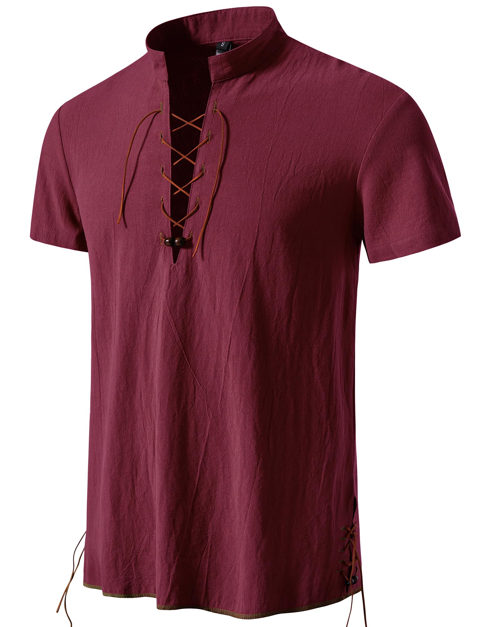 PARKLEES Men's Viking Medieval Retro Cotton Lace Up Costumes Burgundy XL