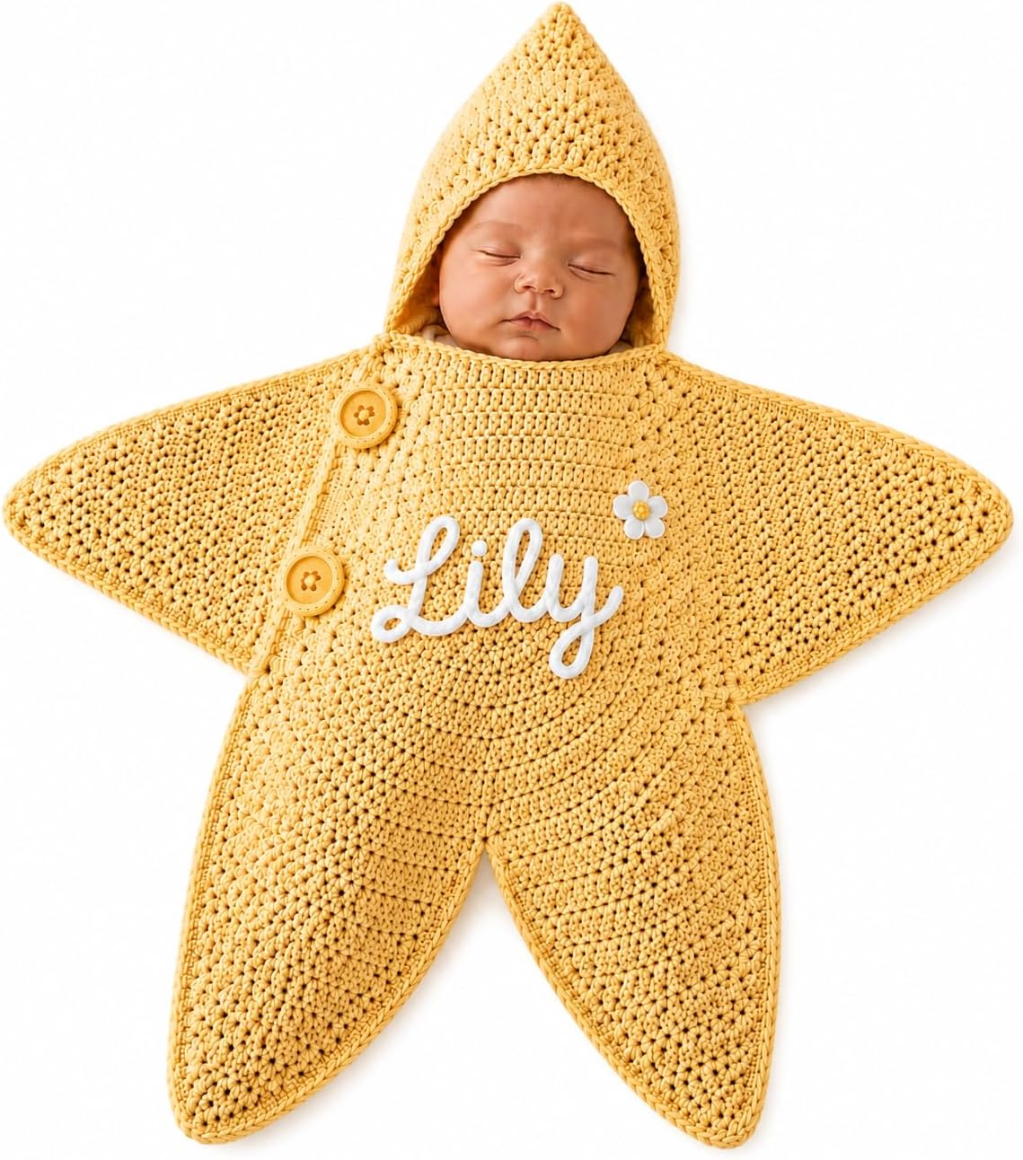 Handmade Crochet Star Baby Outfit, Custom Name Swaddle