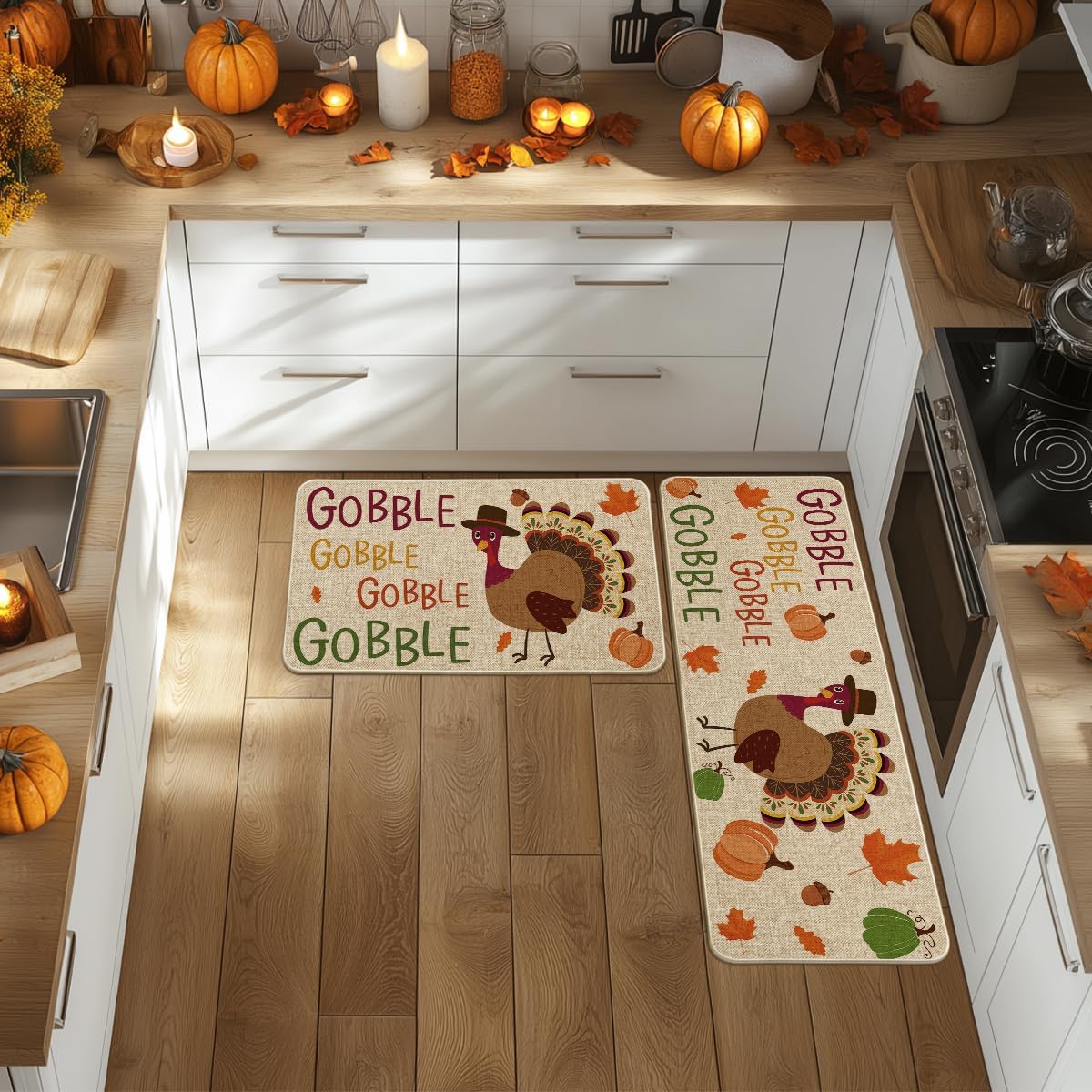 Artoid Mode Gobble Turkey Pumpkin Thanksgiving Decorative Kitchen Mats Set of 2, Fall Home Low-Profile Floor Kitchen Rugs-17x29 and 17x47 Inch
