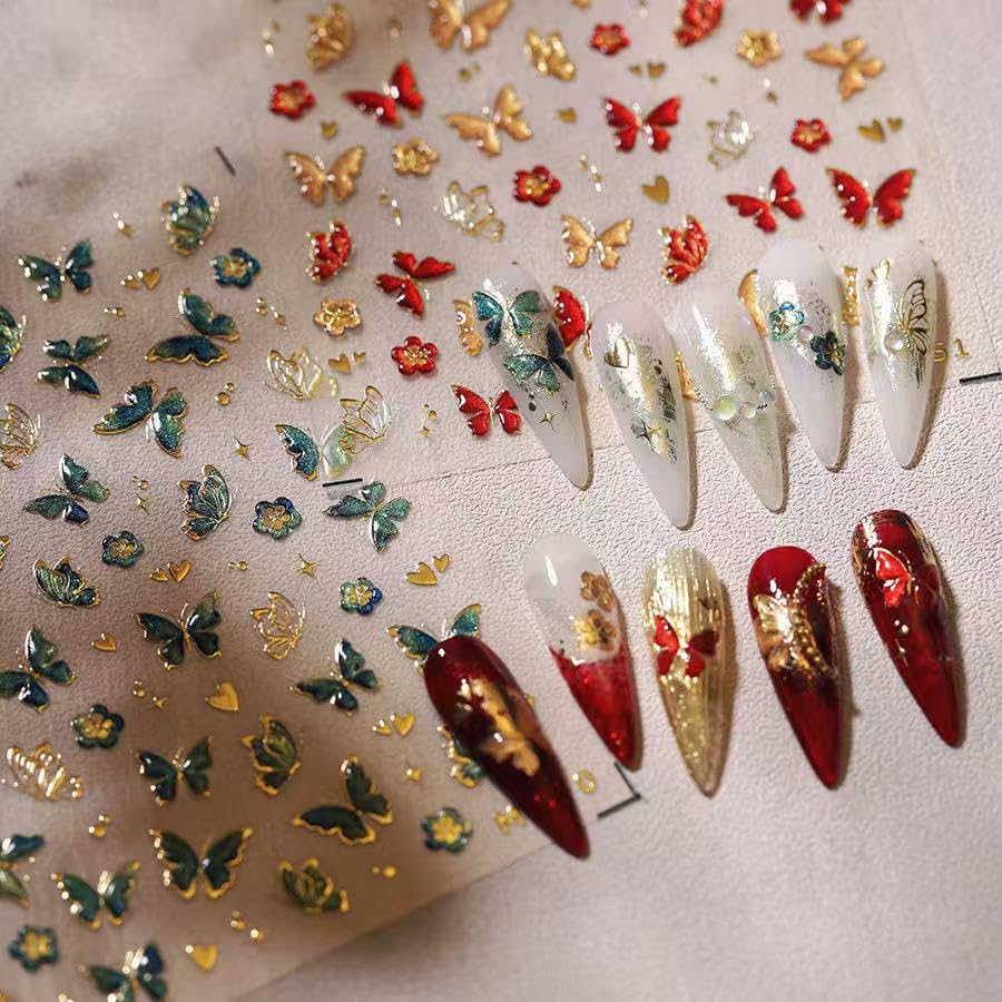 Butterfly Nail Art Stickers Decals 5D Embossed Green Butterfly Nail Decals for Nail Art Self Adhesive Gold Butterfly Nail Stickers for Women DIY