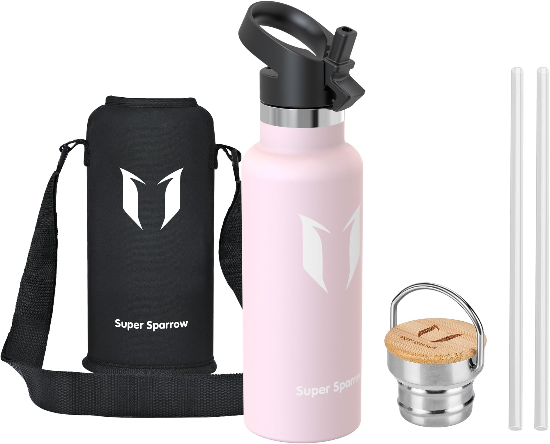 Super Sparrow Water Bottle Stainless Steel - 500ml/750ml/1L- Insulated Metal Water Bottles - Standard Mouth Flask - BPA Free - Straw Bottle for Work, Gym, Sports - 2 Lids