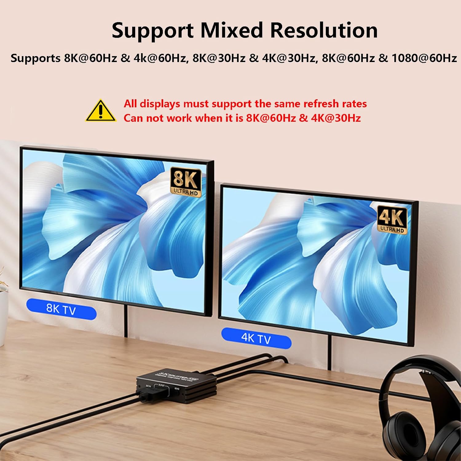 8K HDMI 2.1 Splitter 1 in 2 Out, 1x2 HDMI Splitter Support 8K@60hz, 4K@120hz, EDID, 48Gbps, 3D, HDR 10+, HDCP2.3, Dolby Vision, 3.5mm Audio Output, Mirror Dual Monitors for PS5 SkyQ Xbox NVIDIA AMD NS