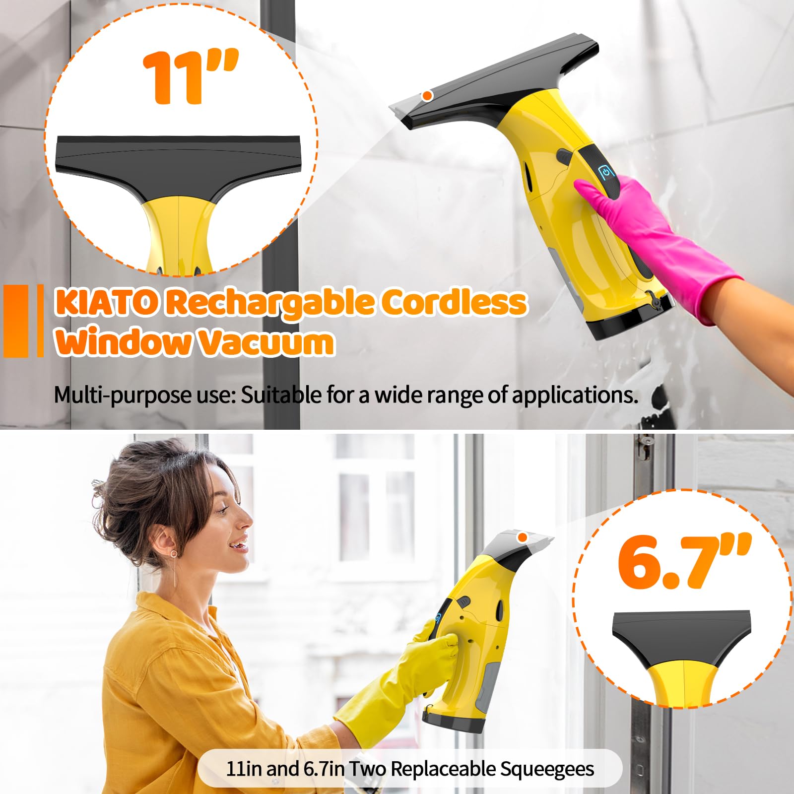 Aspiradora de ventana inalámbrica y recargable con 2 escobilla de goma (11 + 6.7 pulgadas), aspiradora eléctrica para ventanas, azulejos, espejos, duchas, vidrio, 2200 mA 2