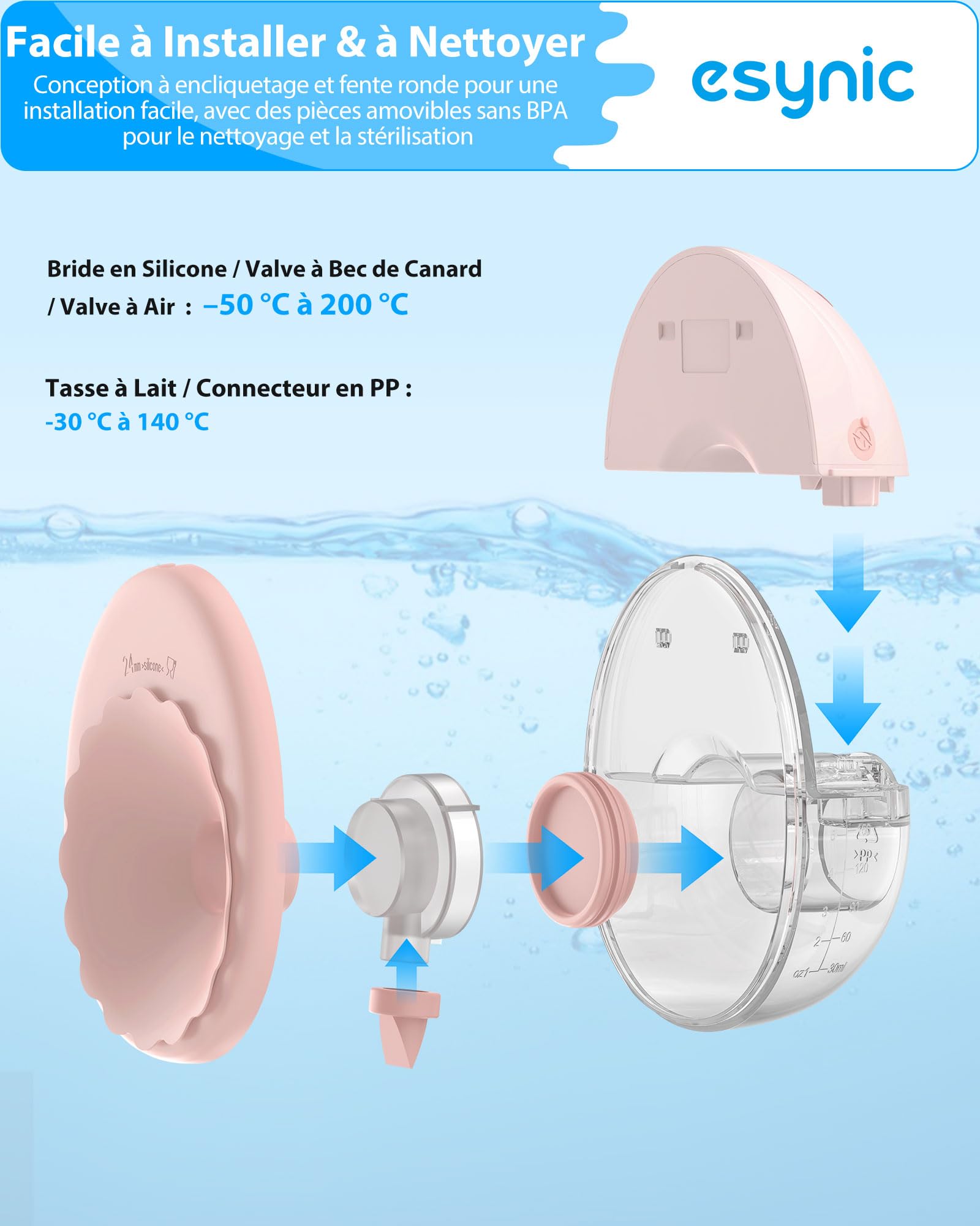 eSynic Tire-lait Électrique Main Libre Portable Diffusion Vocale Détection de Niveau de Lait Anti-éclaboussures 4 Modes 12 Niveaux avec Écran LED Bride 24/21/19mm Pompe Électrique à Lait sans fil-Rose