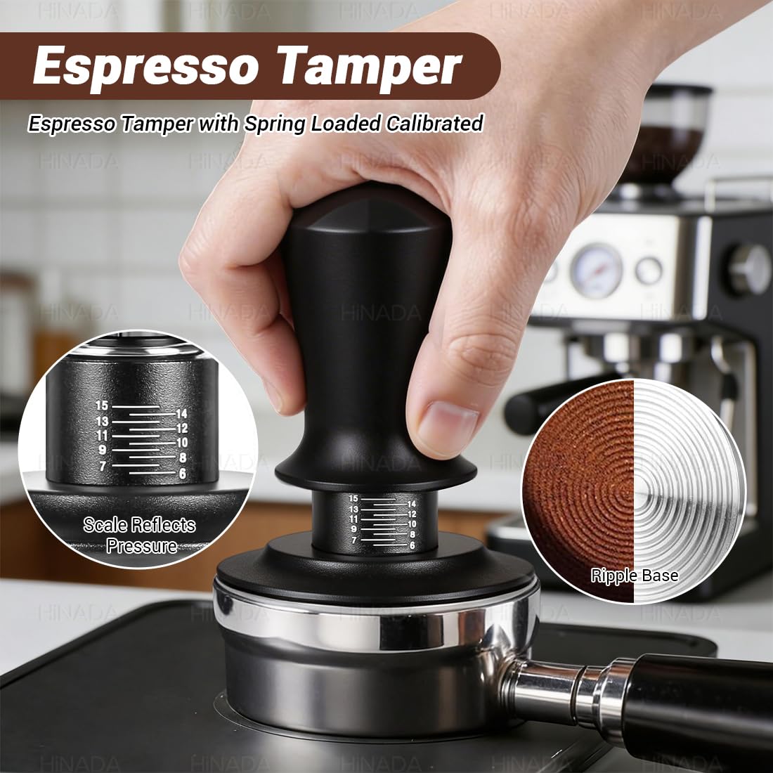 HiNADA Kit d’Accessoires pour Espresso, Tasseur à Café 51 mm avec Support de Tassage, Niveleur, Outil WDT, Anneau Doseur, Brosse de Nettoyage, Filtre à Café (51 mm)
