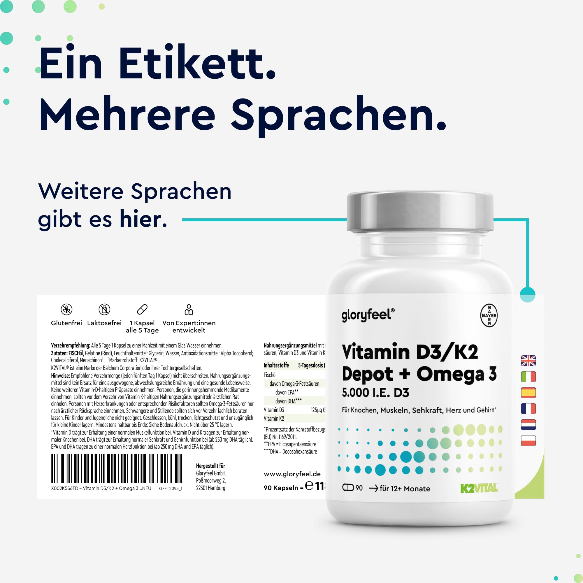 Vitamin D3 K2 & Omega 3-5000 IE - Markenrohstoff K2VITAL® + 1000mg Fischöl Triglyceride Form (DHA + EPA) - 99,7+% All-Trans Vitamin K2 MK7 - Hochdosiert, laborgeprüft in Deutschland entwickelt