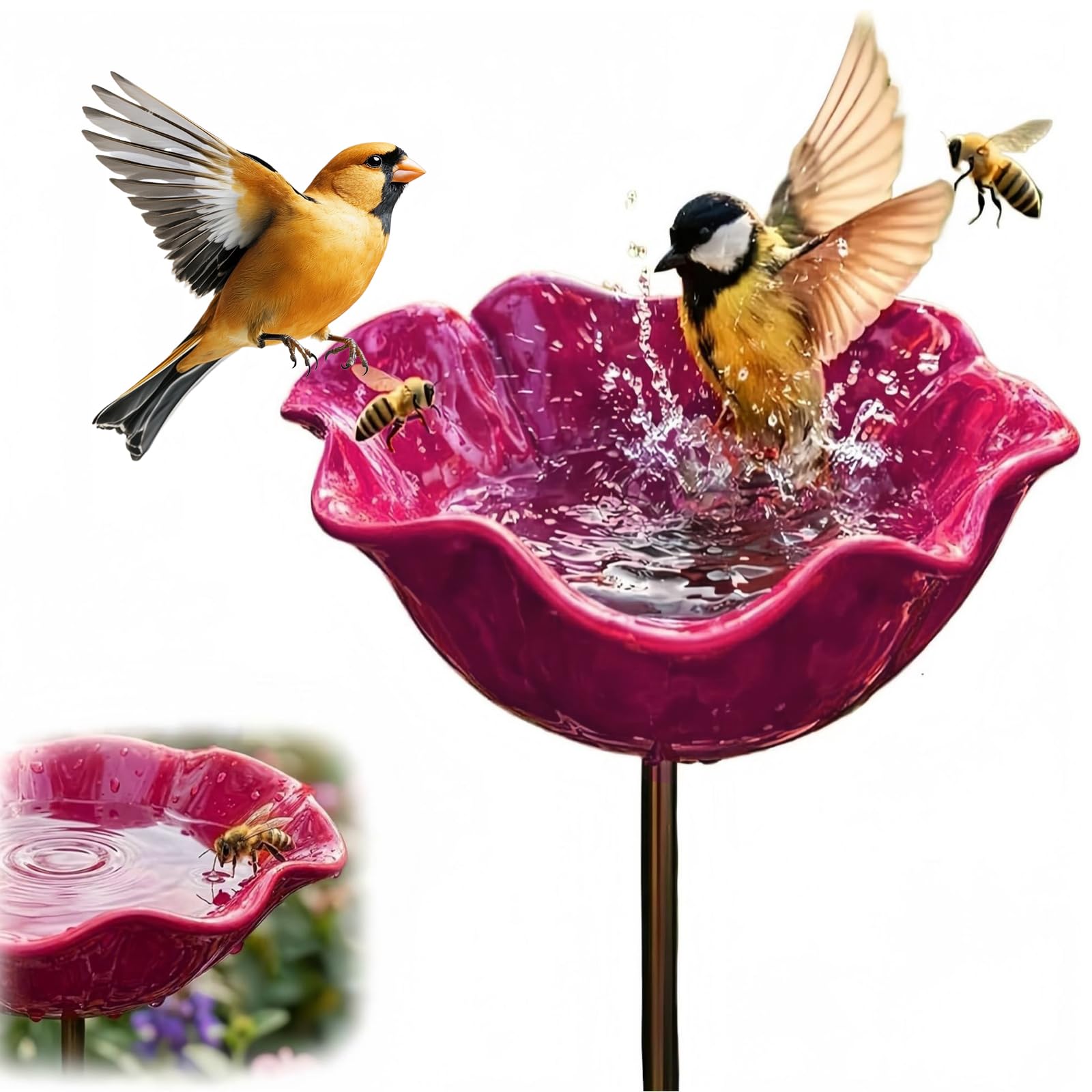 OKMIJN Metal Bird Bath with Stand Flower Garden Stake Bird Bath Feeder