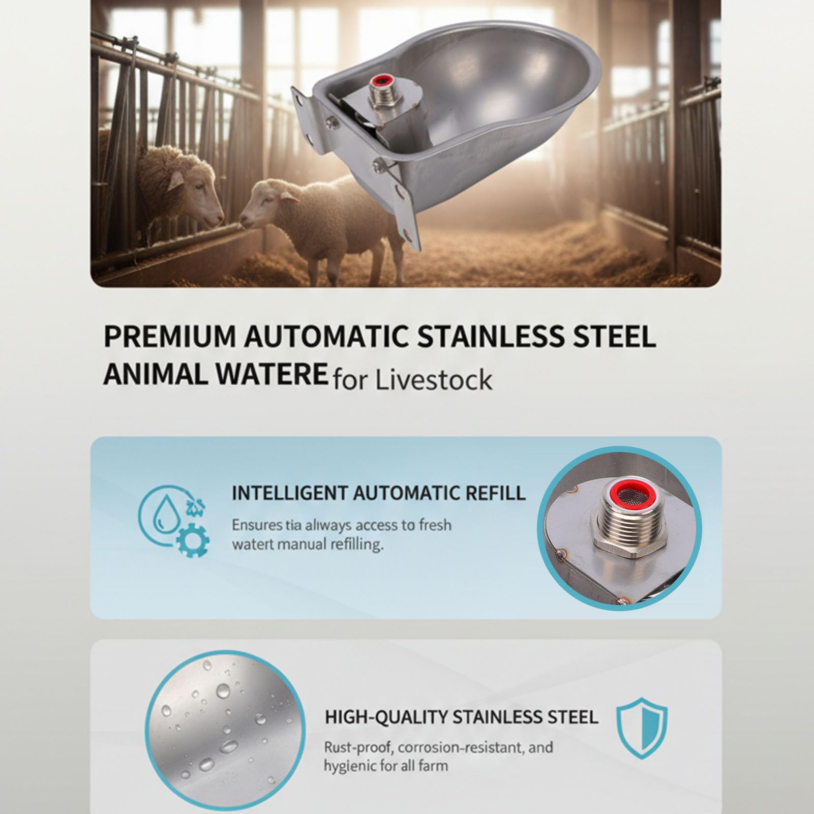 Fockety Bebedero Automático para Animales, Bebedero de Acero Inoxidable Autollenable para Ganado con Orificio de Drenaje, Dispensador Automático de Agua para Perros, Caballos