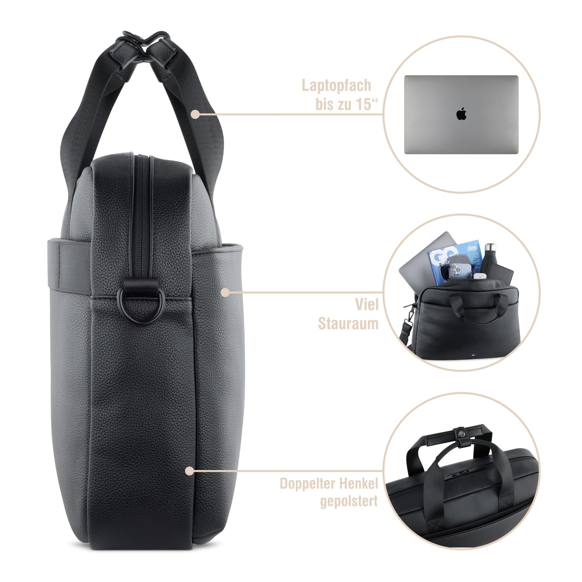 bugatti Rico Maletín, elegante maletín de negocios con compartimento para portátil de 15 pulgadas en negro