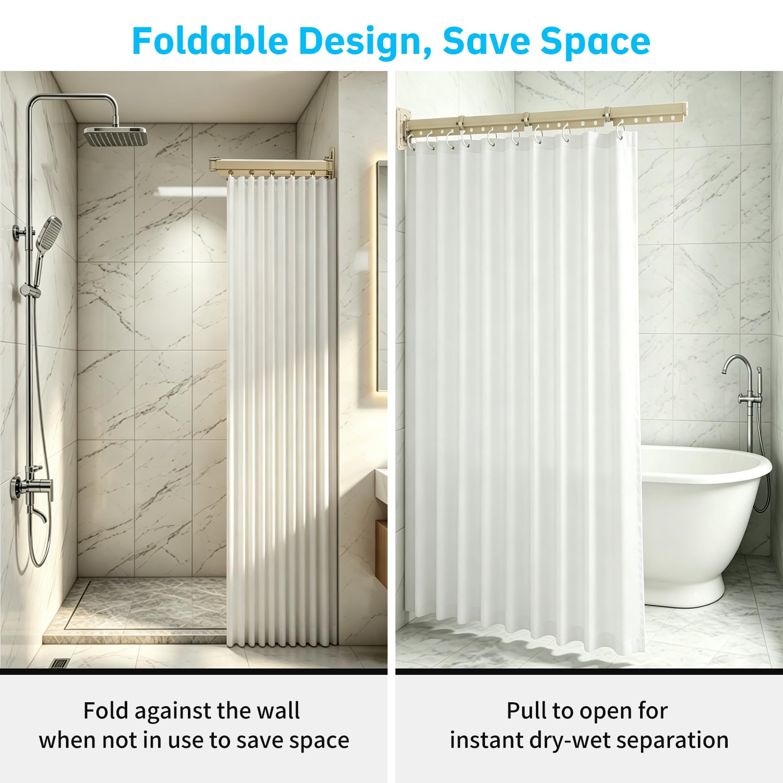 Tenda da doccia pieghevole con asta, asta per tenda da doccia pieghevole in 4 sezioni, asta angolare a parete per tenda da bagno, vasca da bagno, spogliatoio,non richiede foratura (Bianco)