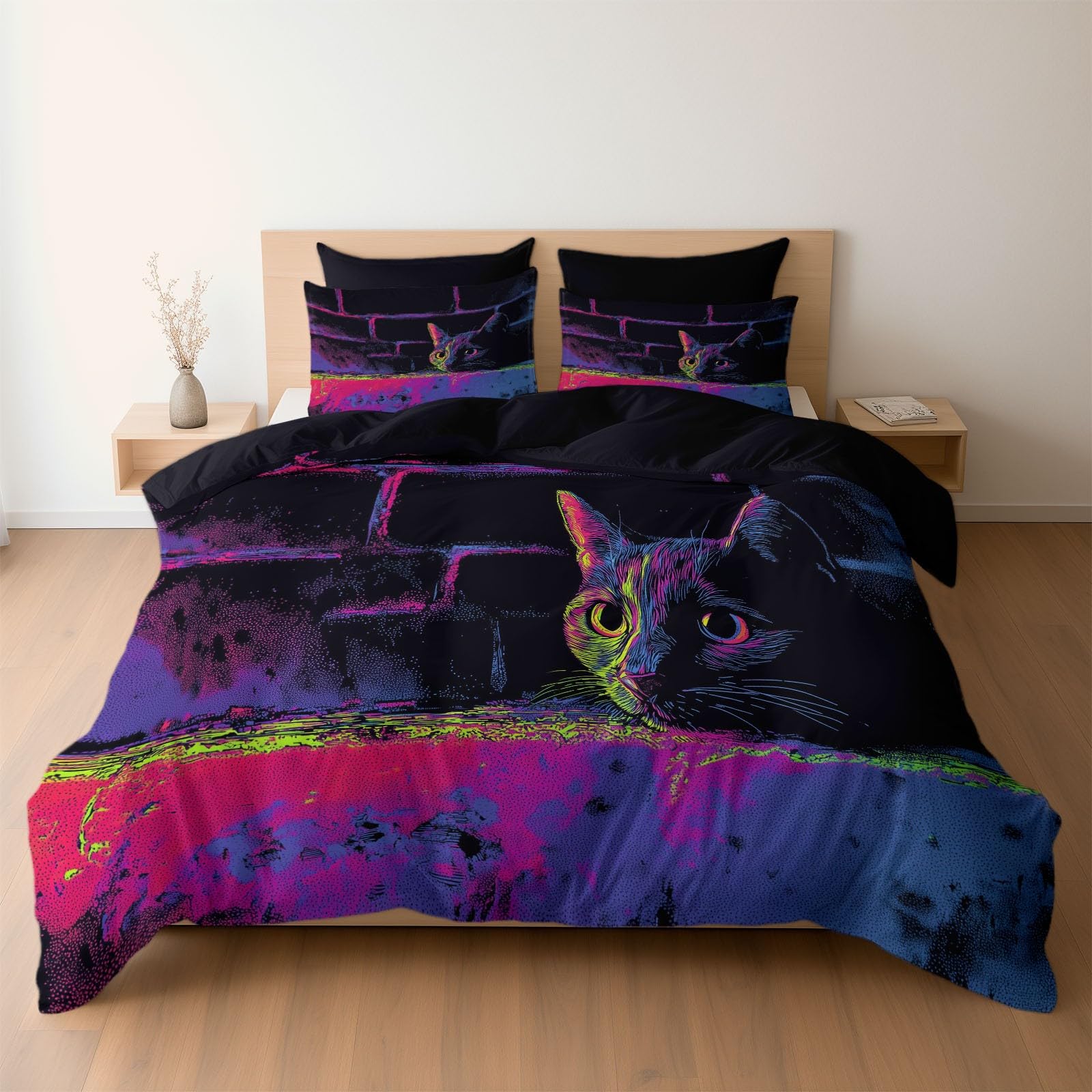 Housse de couette 220x240 anti-plis en microfibre douce noire, parure de lit chat imprimé rétro