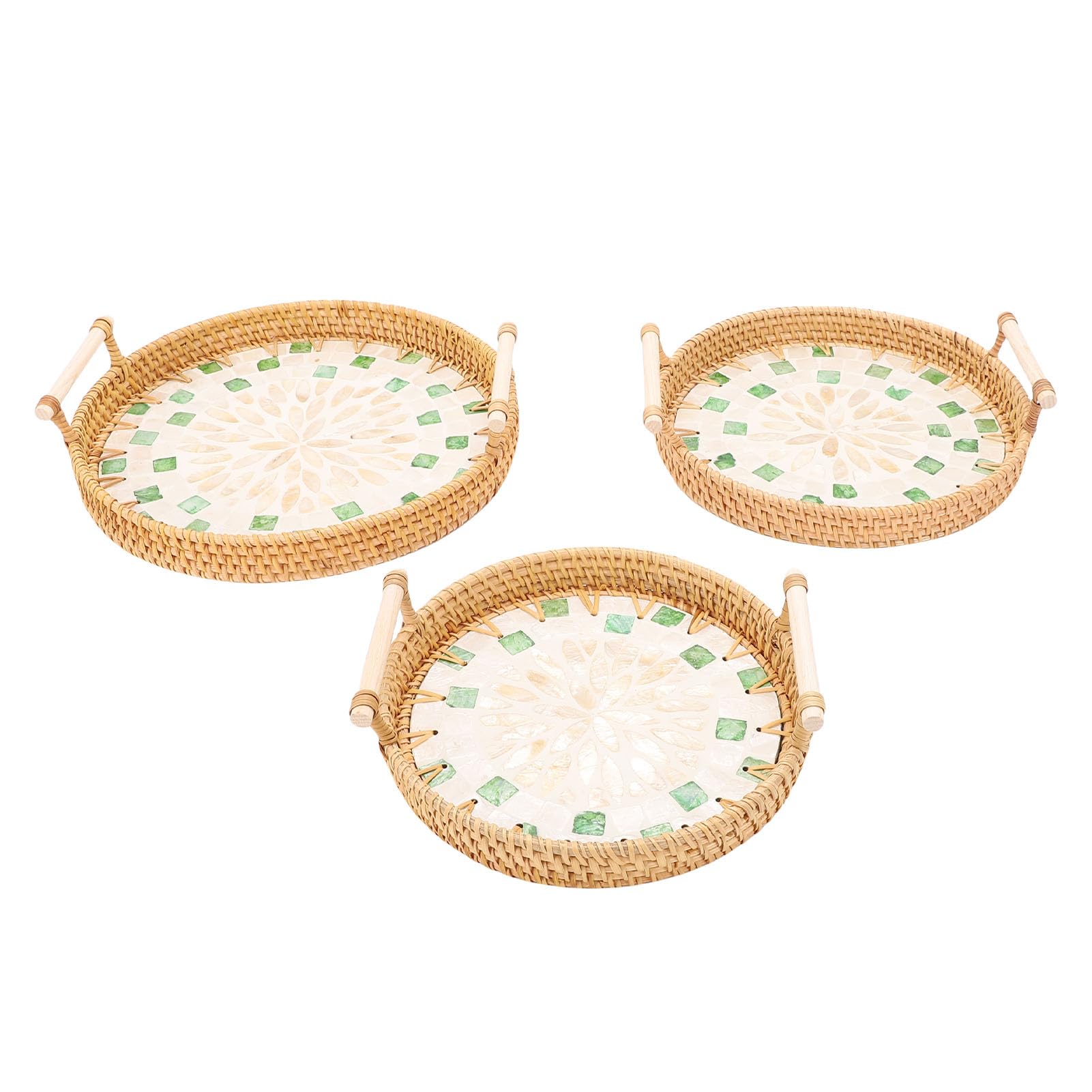 Cryfokt Bandeja de Mimbre Versátil para Servir, Cestas Redondas Tejidas para Servir Aperitivos, Frutas y Comidas con Estilo, Ratán y Concha Otoñal, 3 uds. (Tipo 1)