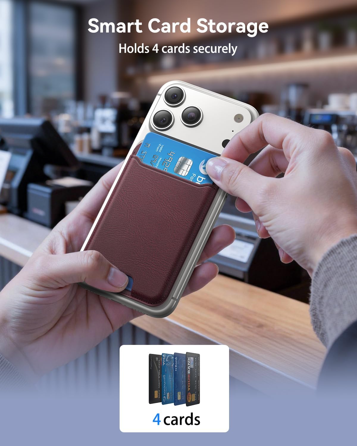 for MagSafe Wallet, Works with Apple Find My,4 Card Holder, Magnetic Phone Wallet for iPhone 17/16/15/14/13/12 Pro Max Air Plus Series, RFID Blocking Vegan Leather,Wine Red