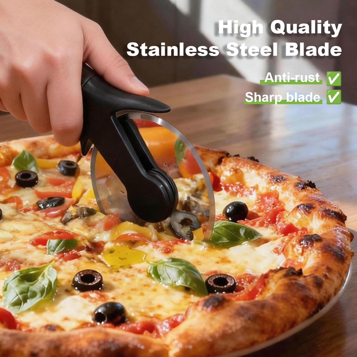 Cortapizzas [Original] - Cortador Pizza | Mango Ergonómico Antideslizante de Silicona y Cuchilla de Acero Inoxidable con Cubierta Protectora | Negro
