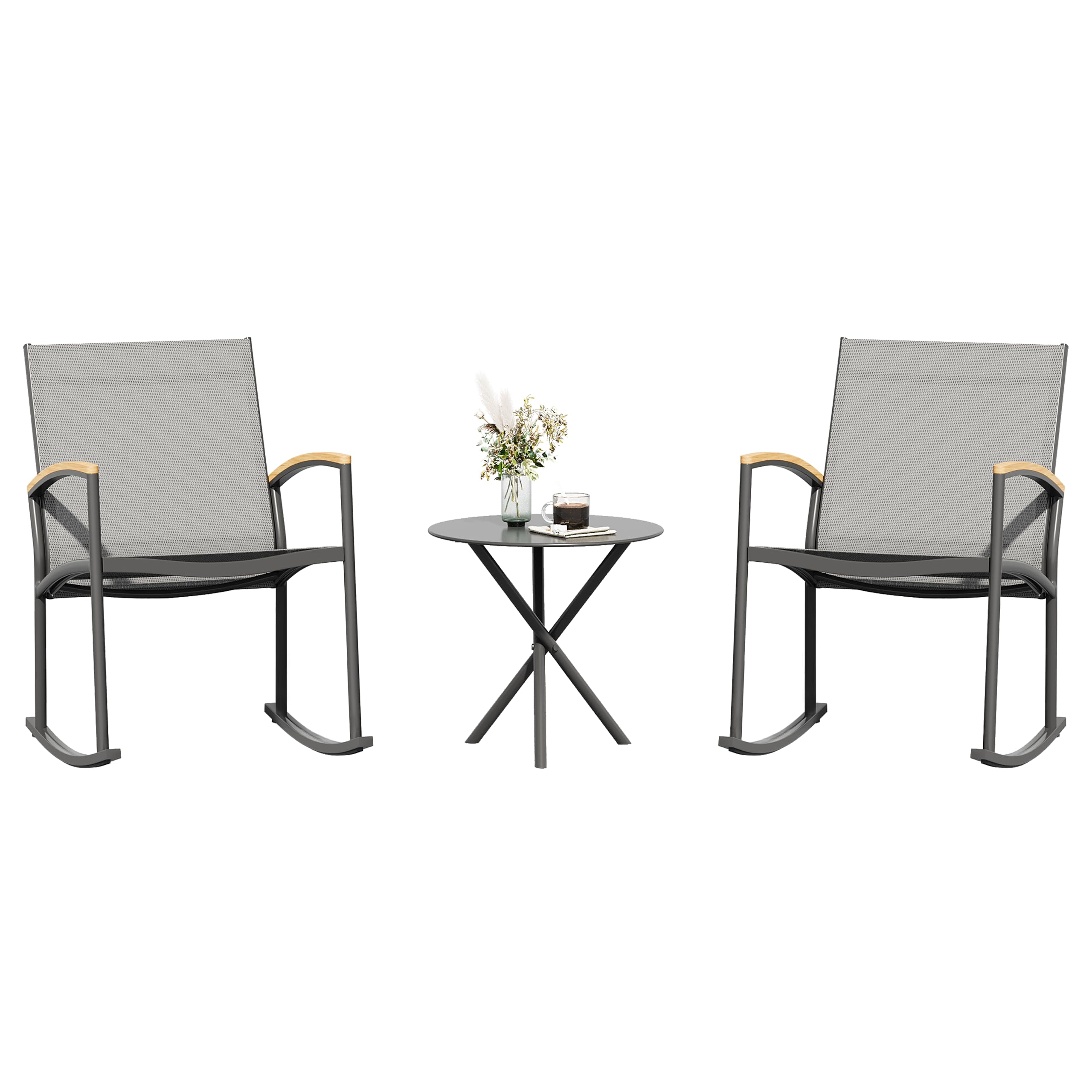 Shintenchi 3 Pieces Patio Rocking Bistro Sets,Outdoor Textilene Fabric Conversation Bistro Set,Front Porch Rocker Chairs Small Patio Furniture Set with Table for Lawn,Garden,Balcony(Light Gray)