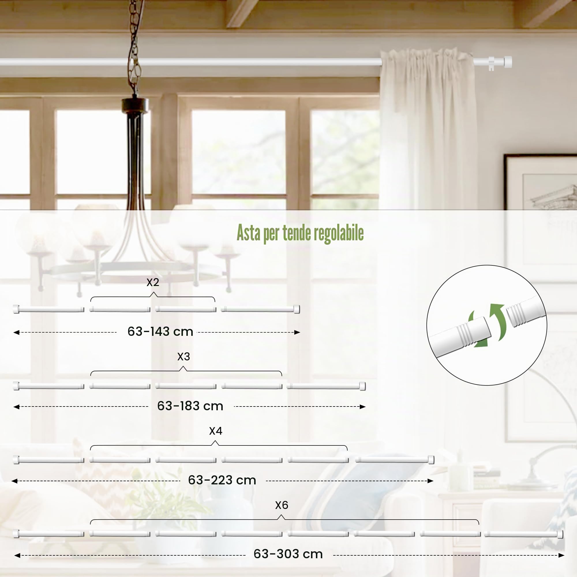 Bastone per Tende 63-183cm, 16mm Bianco Asta per Tende con Terminali e Supporti, Asta per Tende Estensibile per Camera da letto, Soggiorno, Cucina