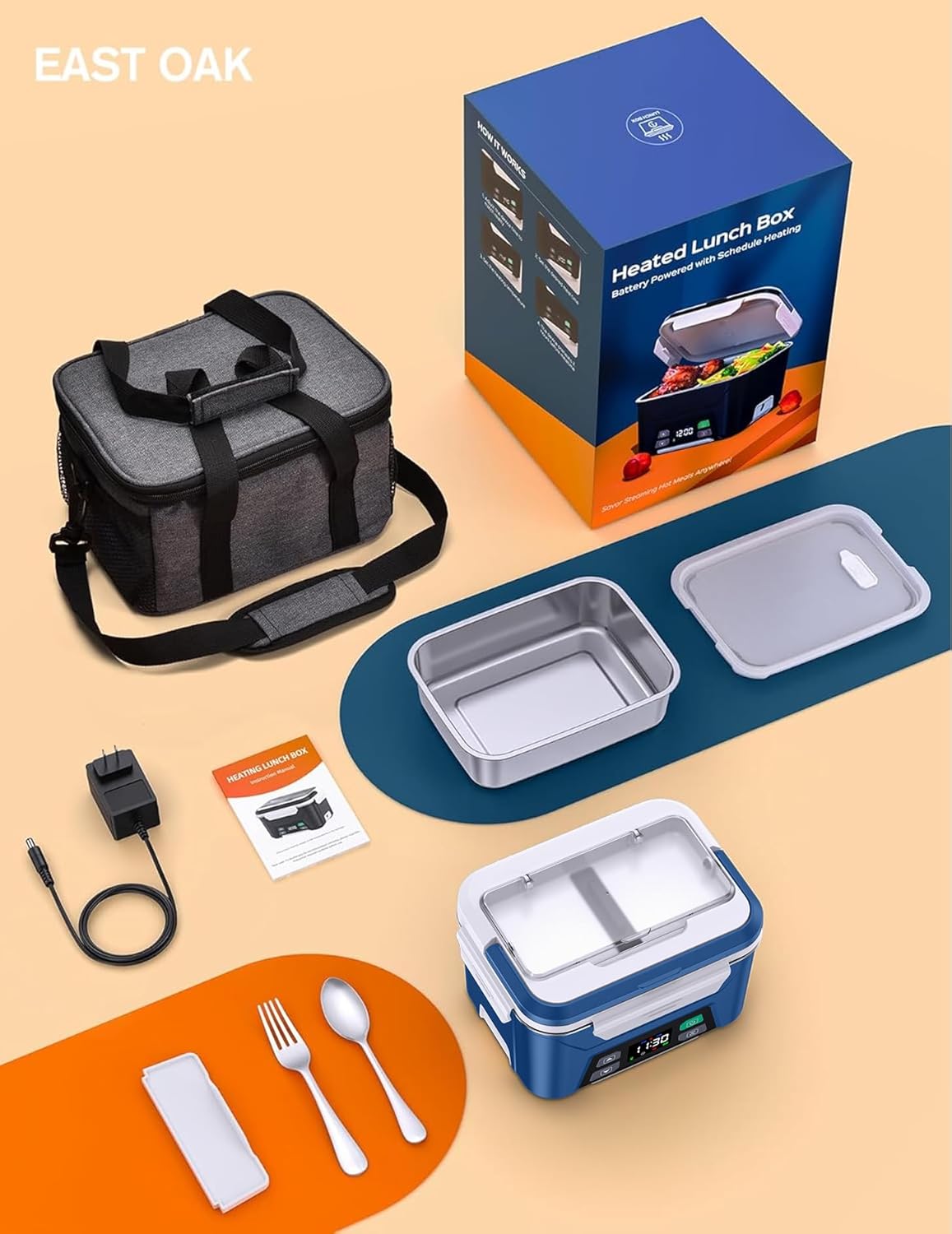 EAST OAK Cordless Electric Lunch Box for Adults, Heated Lunch Box Battery Powered with Automatic Heating, 5.5 Cups Portable Food Warmer with Removable Tray Divider - Image 6