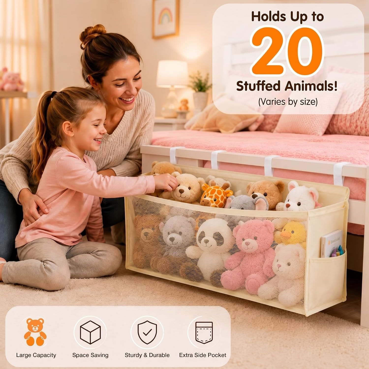 Beeveer Stuffed Animal Organizer for Bedside, Large Capacity Plush Toy Storage with Mesh Front, 2 Side Pockets & Reinforced Support, Hanging Toy Organizer Saves Floor Space for Kids Bedroom, Beige
