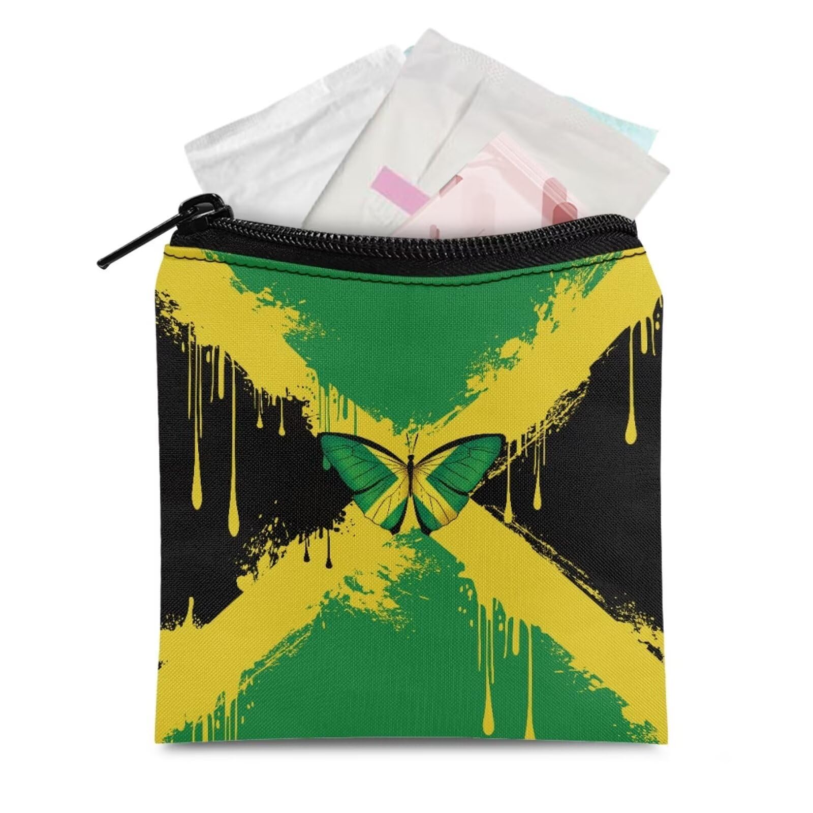 HUGS IDEA Jamaican Flag Butterfly Period Bag Sanitary Napkin Storage Bag Tampon Bag Tampon Pad Holder for Purse