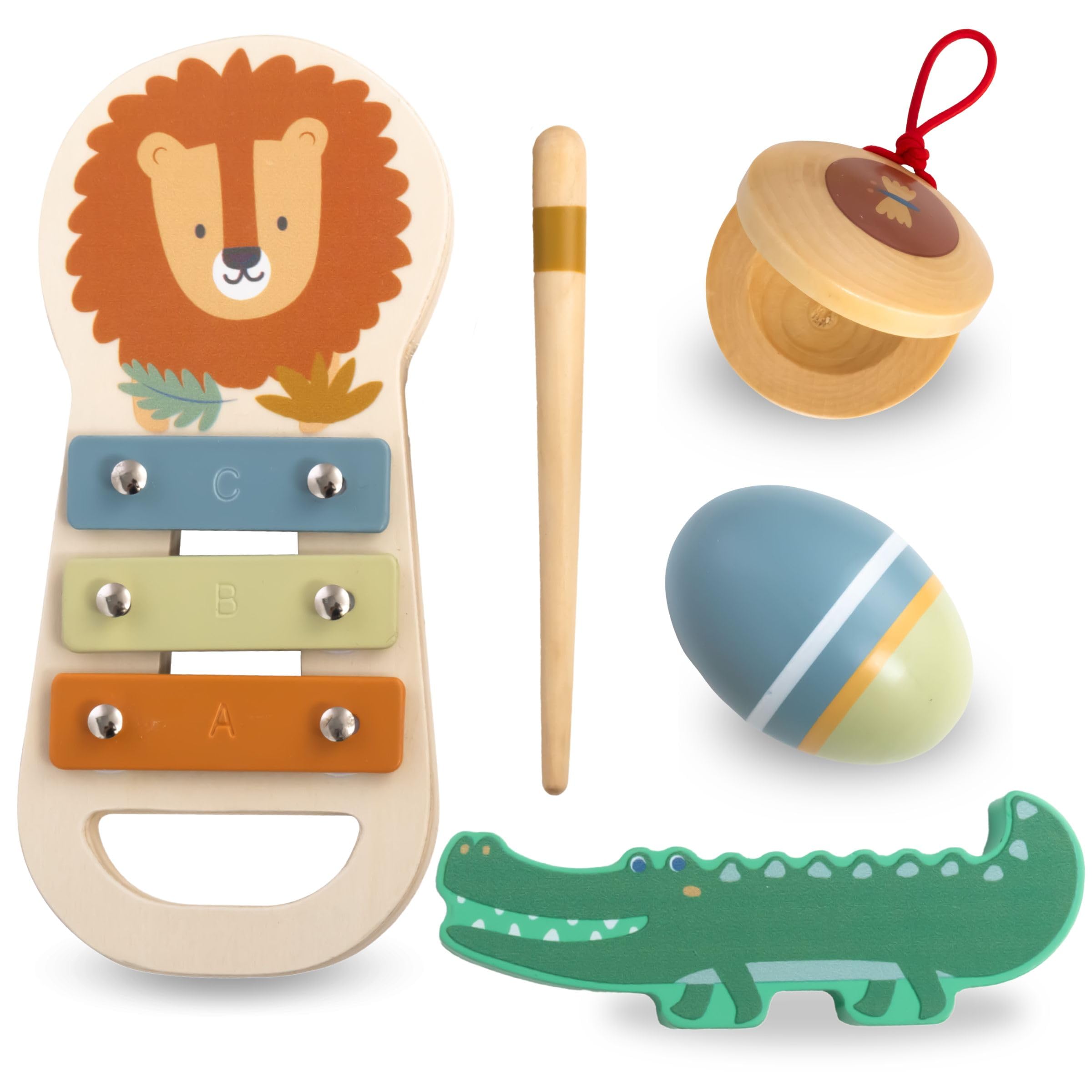 Mamabrum Set Strumenti Musicali Africani - Xilofono, Sonaglio e Nacchere in Legno con Motivi Animali - Gioco Bambino 1 Anno per Sviluppo Sensoriale - Giochi Bambini 1 Anno Educativi Musicali (6 Pezzi)