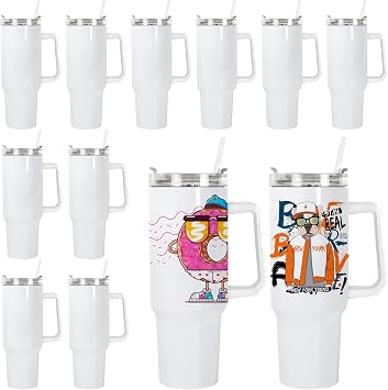 AGH 12 Pack Sublimation Tumbler Blanks with Handle & Straw, 40 OZ Travel Coffee Cup, Stainless Steel Sublimation Water Bottle, Sports Water Bottle, DIY Gift White, 12PCS