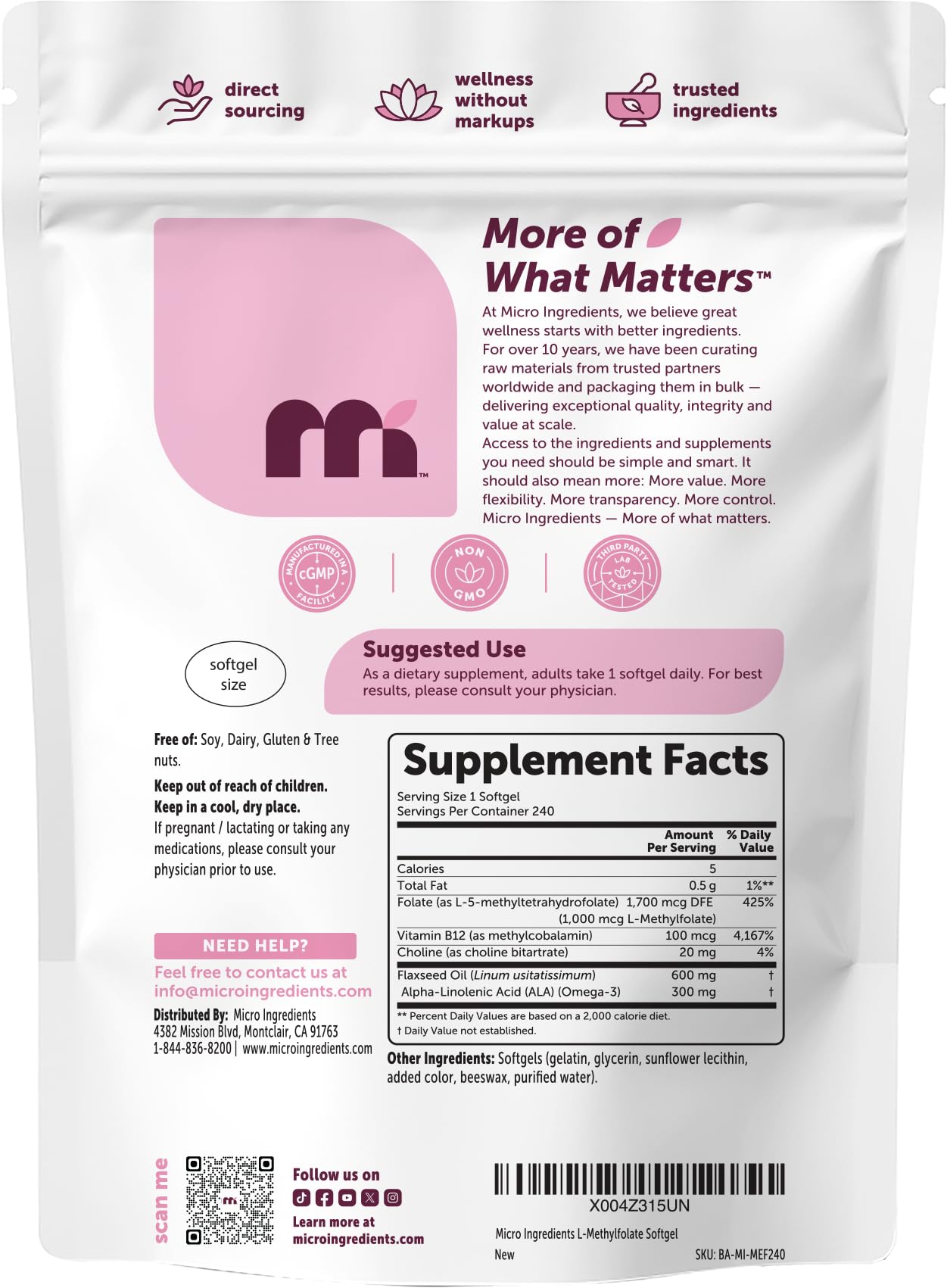 Micro Ingredients L-Methylfolate 1000mcg, 240 Softgels | 5-MTHF Active Folate with Methylcobalamin B12, Choline & Flaxseed Oil | High Absorption Methylated B9 Supplement for Methylation Support* — Amazon image 6