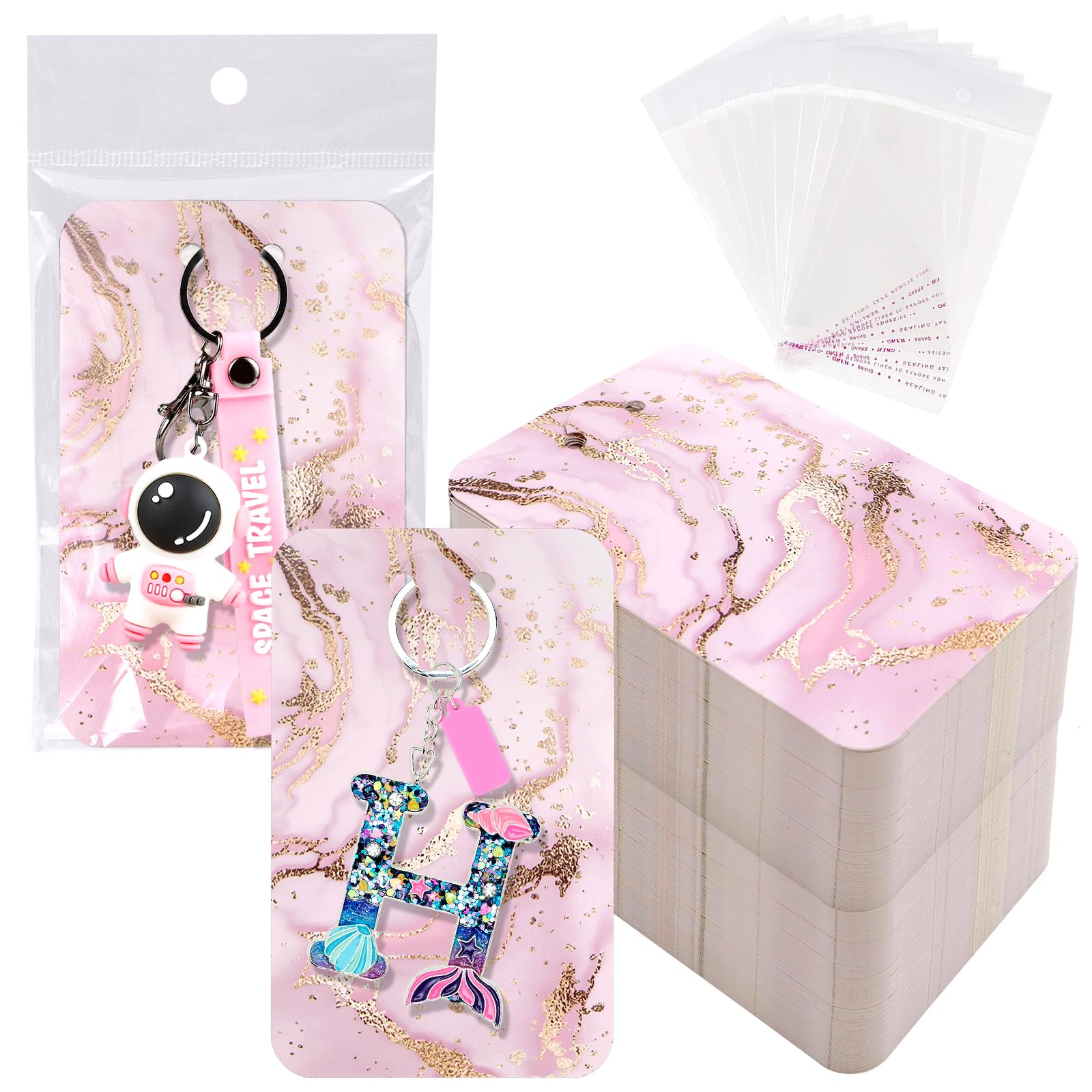 ZYNERY 100 Display Cards with Self-Sealing Bags, 3 x 4.7 Inch Keychain Holder, Jewelry Packaging Supplies (Marble Pink)