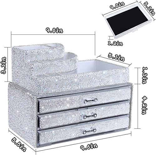 Miniatura 5 de KEYPOWER Bling Rhinestone Maquillaje Cosmético Joyería Organizadores Cajón & 12PCS Maquillaje Brocha con bolsa (blanco)