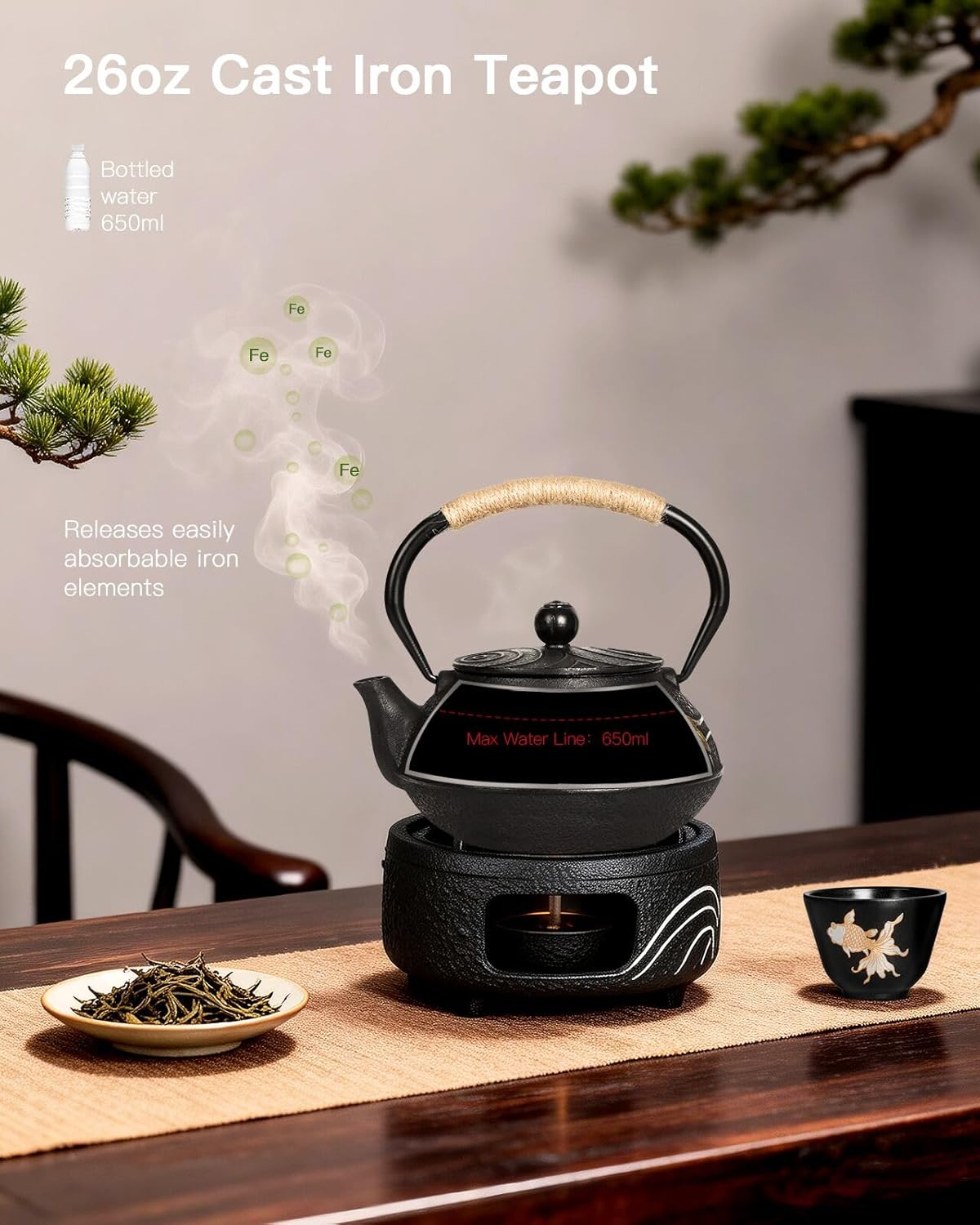 Goldfish Cast Iron Teapot with 4 Tea Cups,Japanese Style Tetsubin kettle with Infusers for Loose Tea,Stovetop Iron Teapot with Enameled Interior for Parents Friends,26oz