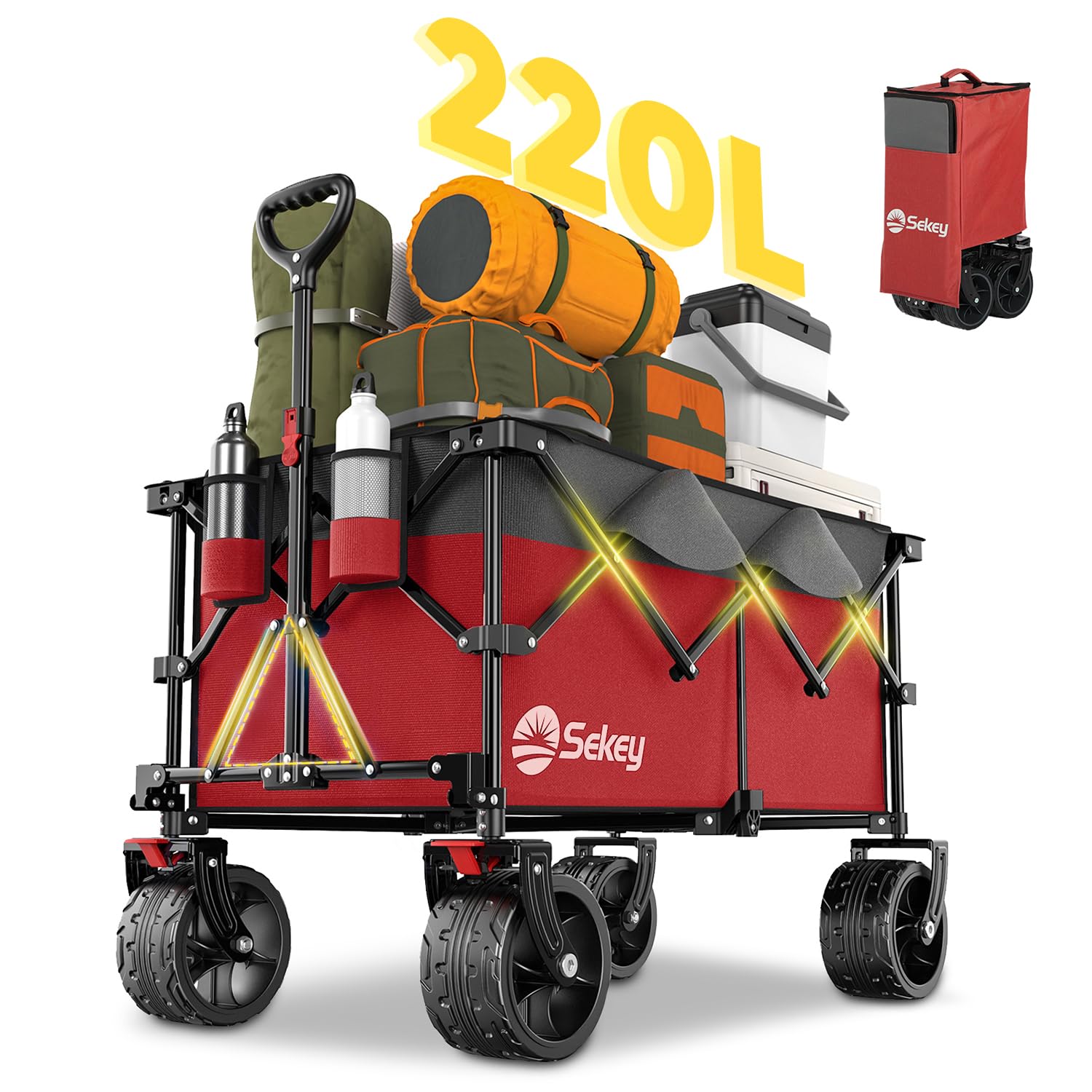 Sekey220L Collapsible Foldable Wagon with 330lbs Weight Capacity, Heavy Duty Folding Utility Garden Cart with Big All-Terrain Beach Wheels & Drink Holders.Red&Grey
