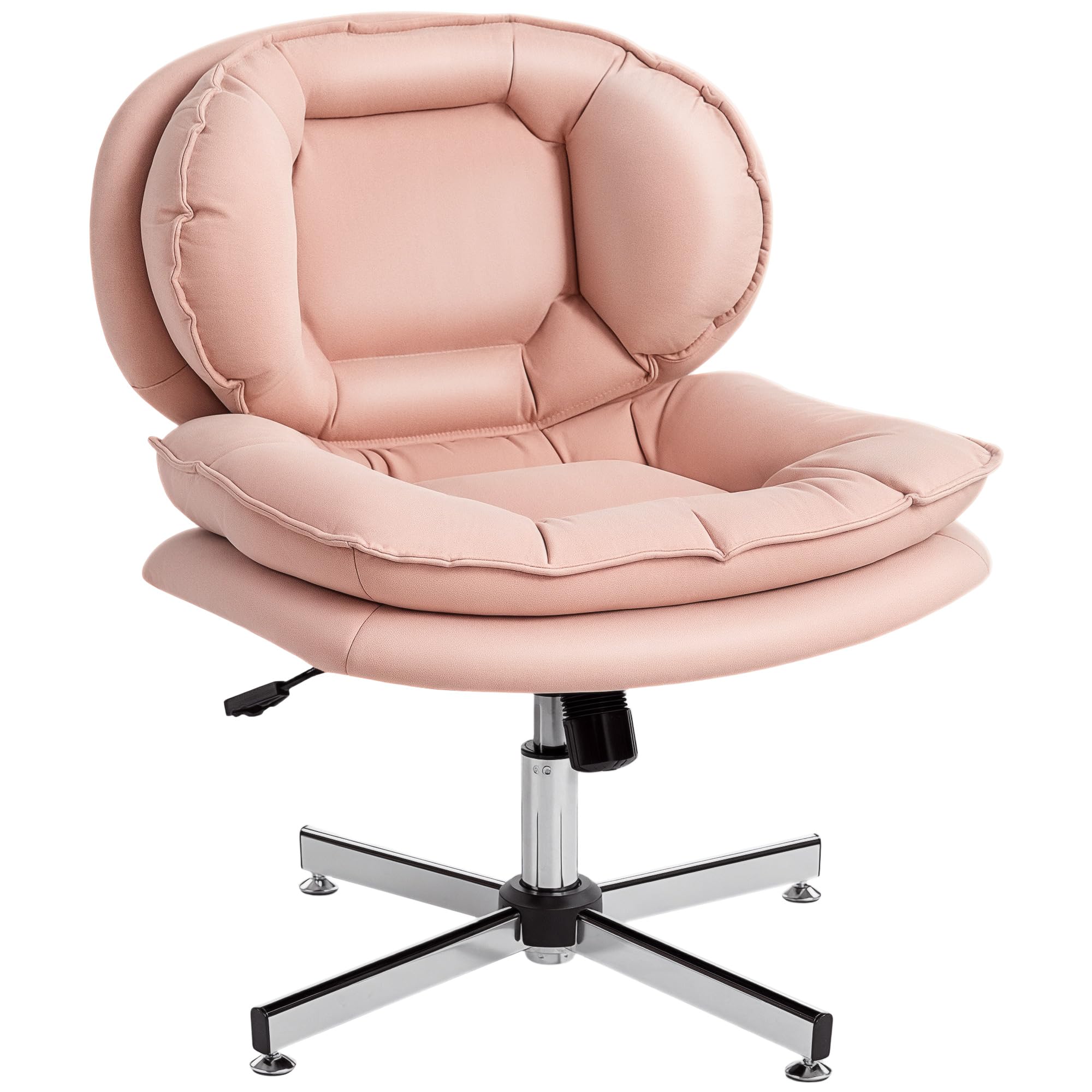 HOMCOM Criss Cross Office Chair No Wheels, Armless Task Desk Chair with Wide Seat, Leathaire, Adjustable Height, Tilting, Double-Tier Padding, Pink