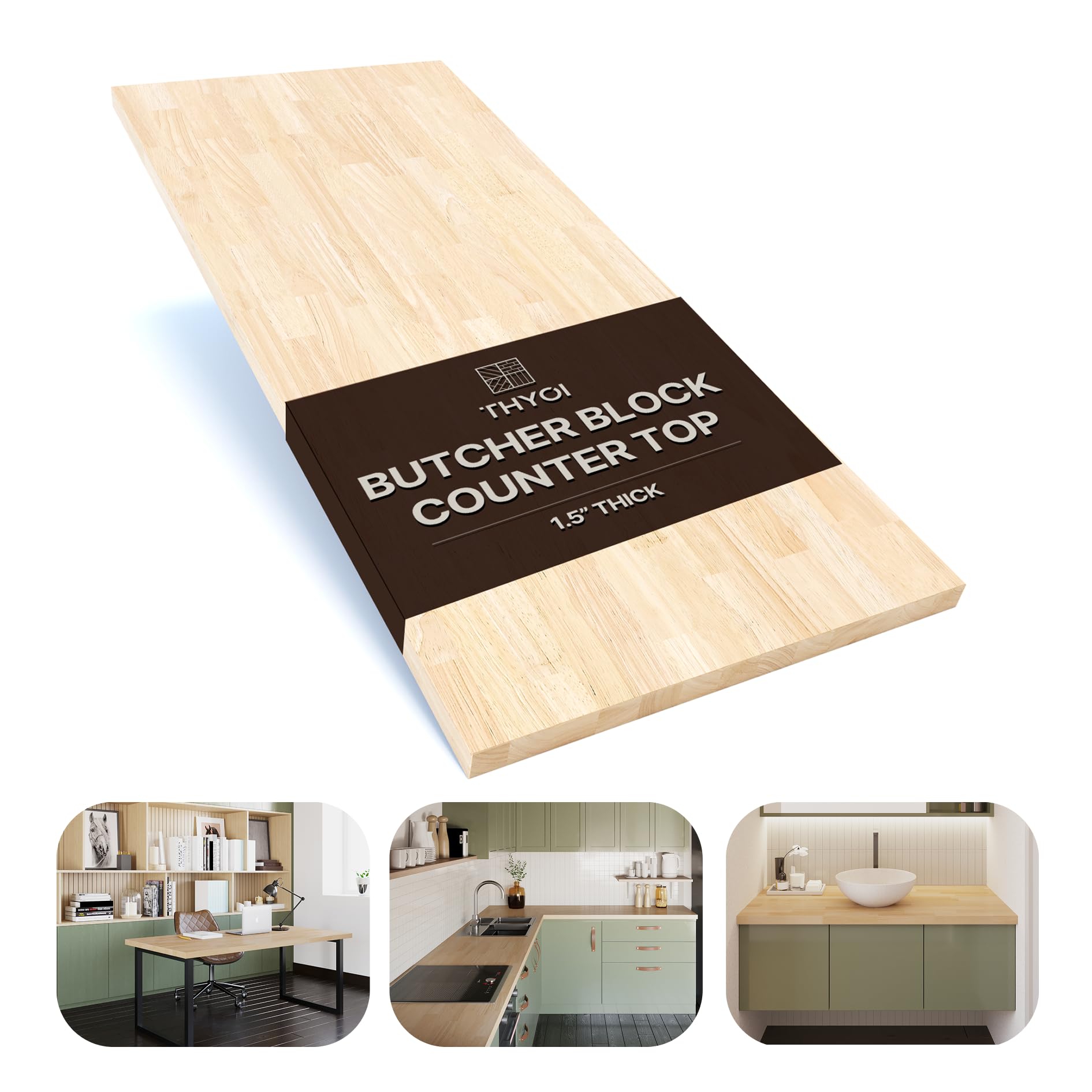 THYOI Rubberwood Butcher Block Countertop Solid Wooden Table Top