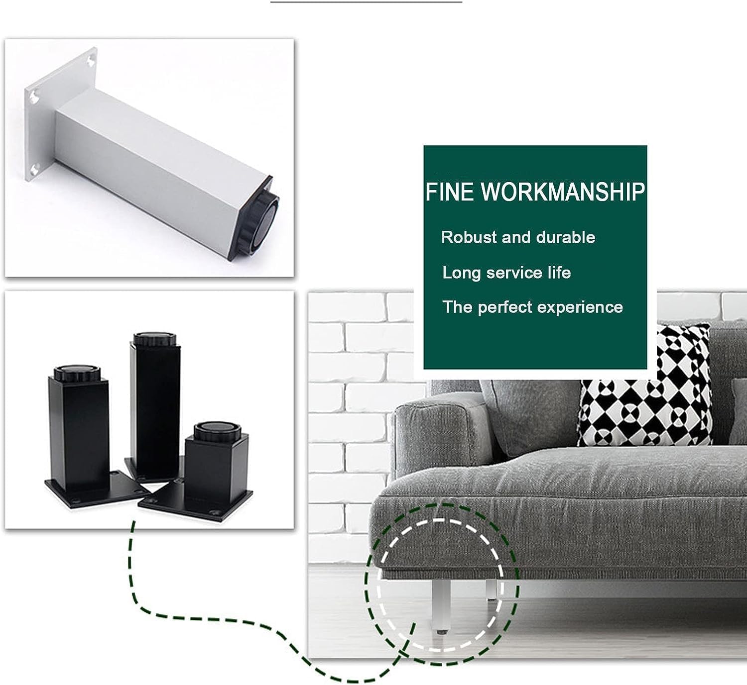 金属製家具脚、アルミニウム合金サポート脚、四角い厚みのある家具脚、ネジ付き、ソファチェア用4本 (Color : Black, Si