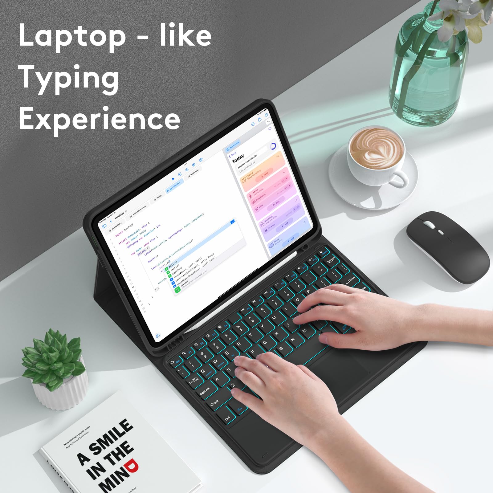 Etui z Klawiaturą do Redmi Pad 10.6" 2022 z Gładzikiem, 7 Kolorów Podświetlenia, Magnetyczna Odłączana Bezprzewodowa Klawiatura Bluetooth z Myszą,Black