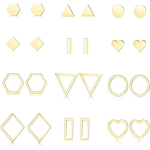 JOERICA Geometric Minimalist Stud Earrings for Women Simple Rhombus Hexagon Triangle Bar Heart Circle Earrings Set