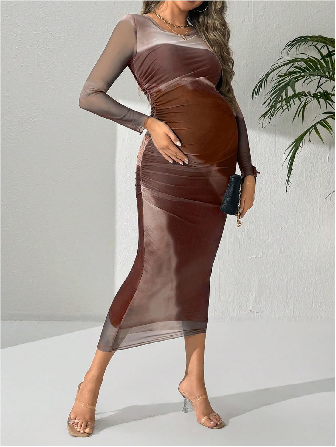 MakeMeChic Women's Fall Maternity Dress Long Sleeve Tie Dye Mesh Ruched Bodycon Maxi Cocktail Dress