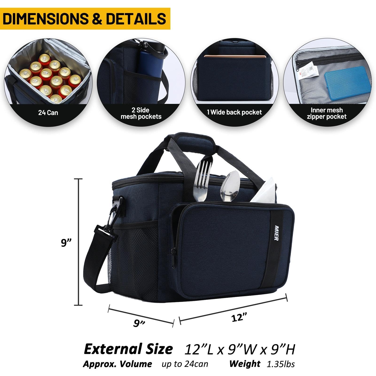 MIER Grande borsa termica per il pranzo, da uomo e adulto, con tracolla, a prova di perdite, con tasche multiple per lavoro, picnic, viaggi, campeggio, 15 l (24 lattine), blu navy