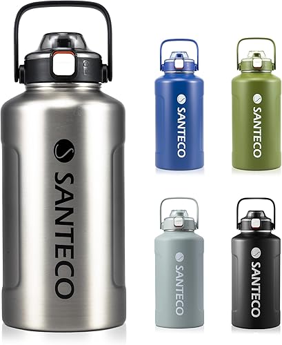 SANTECO Botella de agua de medio galón aislada al vacío de 64 onzas Frascos al vacío con popote y tapas de boquilla 2 en 1 y asa, jarra de agua de