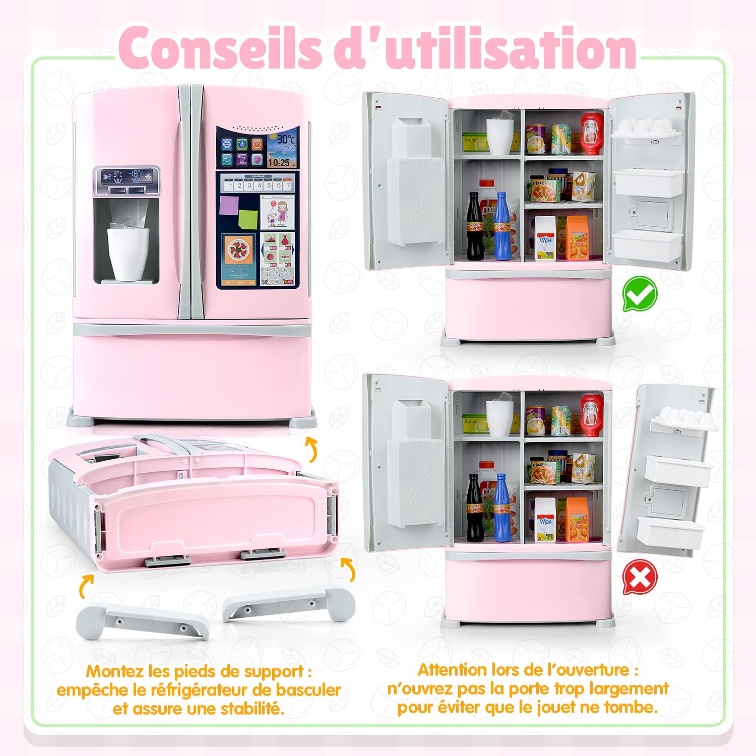 PLAY Jouet de cuisine pour enfant avec distributeur de glace, réfrigérateur pour enfant, jouet alimentaire, glaçons, gadget de cuisine pour enfants à partir de 3 ans, rose