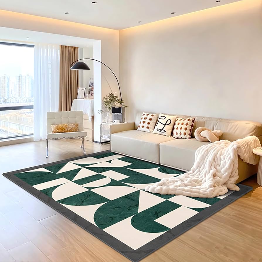 Amazon | ラグマット 緑白の幾何学模様 ラグカーペット 滑り止め付