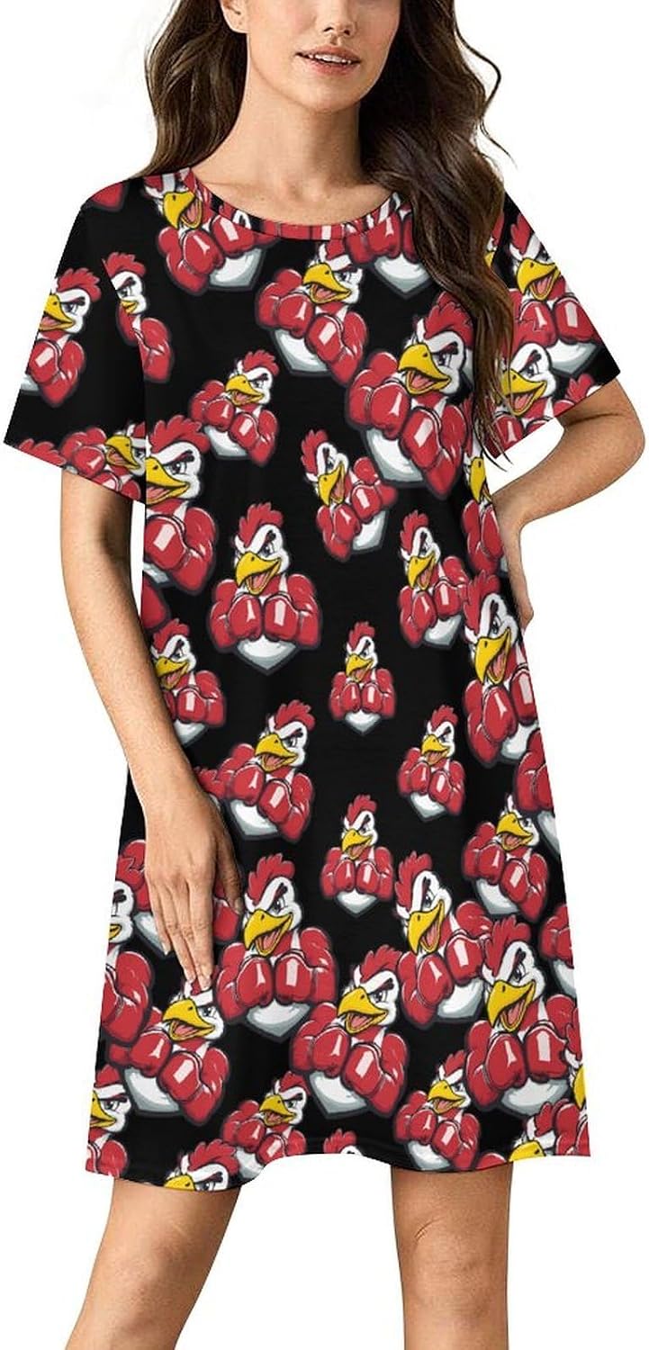 Muscular Rooster Fighting Cock Nightgowns for Women Short Sleeve Sleep Dress Casual Sleepshirt Night Gowns Pajamas