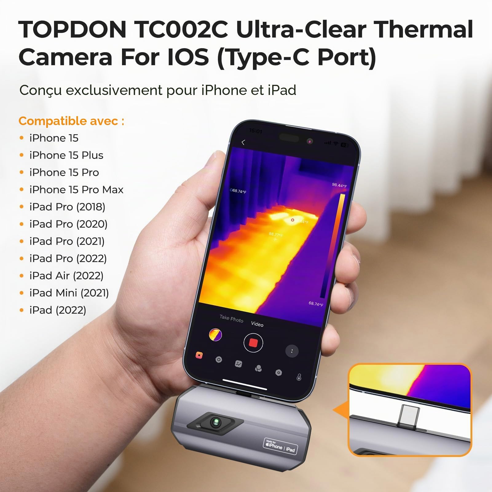 TOPDON Caméra thermique TC002C pour iPhone 15/16, 512x384 TISR haute résolution, -20°C à 550°C avec rapport de test infrarouge, 25Hz, Imageurs thermiques avec port Type-C pour l'électricité
