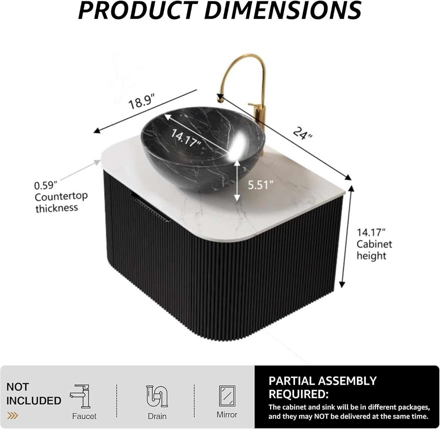 Floating Bathroom Vanity with Sink 24 Inch, Wall-Mounted Plywood Bathroom Vanity Cabinet with Drawer, Faux Marble Countertop & Black Bowl Ceramic Basin, Pre-Assembled, Black Wood Grain