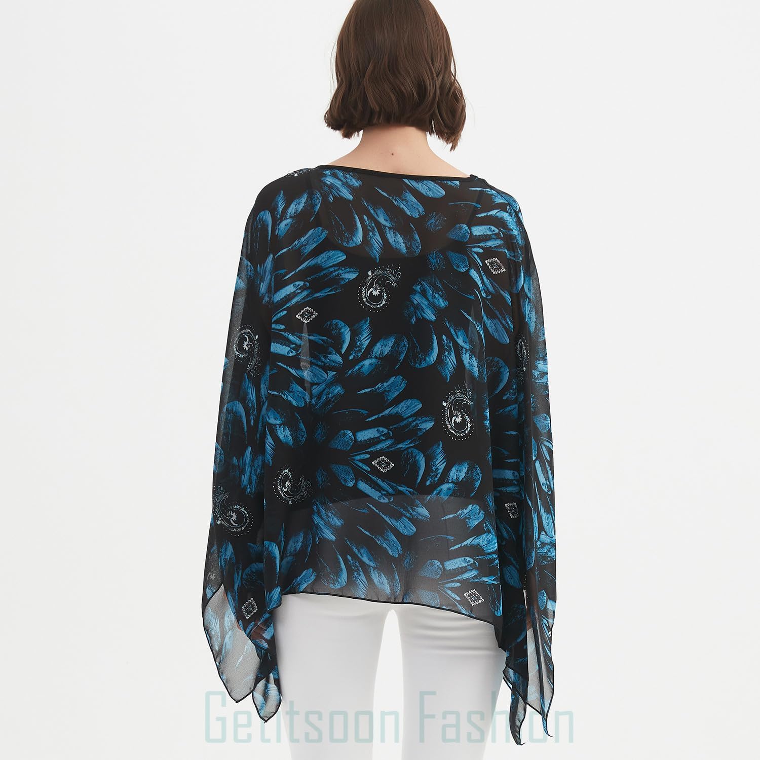 Wiiiwish Women's Floral Chiffon Blouse Batwing Summer Hippie Sheer Loose Caftan Poncho Tunic Shirt Tops - Image 6