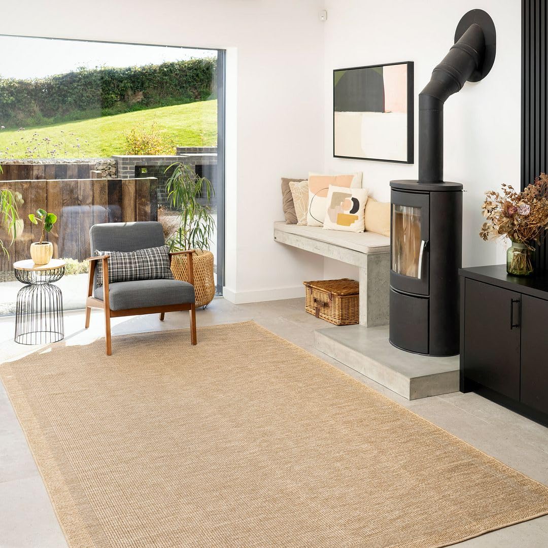 The Rug House Machine Washable Jute Like Cotton Bordered Biege Textured Neutral Nature Inspired Livingroom Kitchen Hallway Rugs 190cm x 280cm (6ft 3" x 9ft 2")